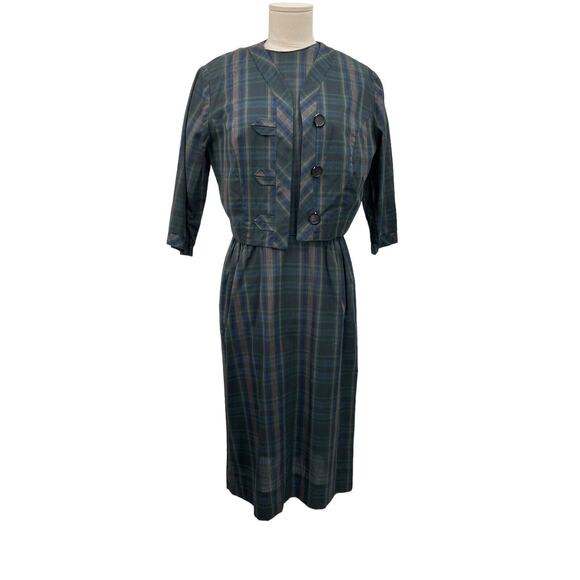 Vintage Nelly Don Dress Jacket 2 Piece Set Blue Green Plaid - Picture 1 of 16